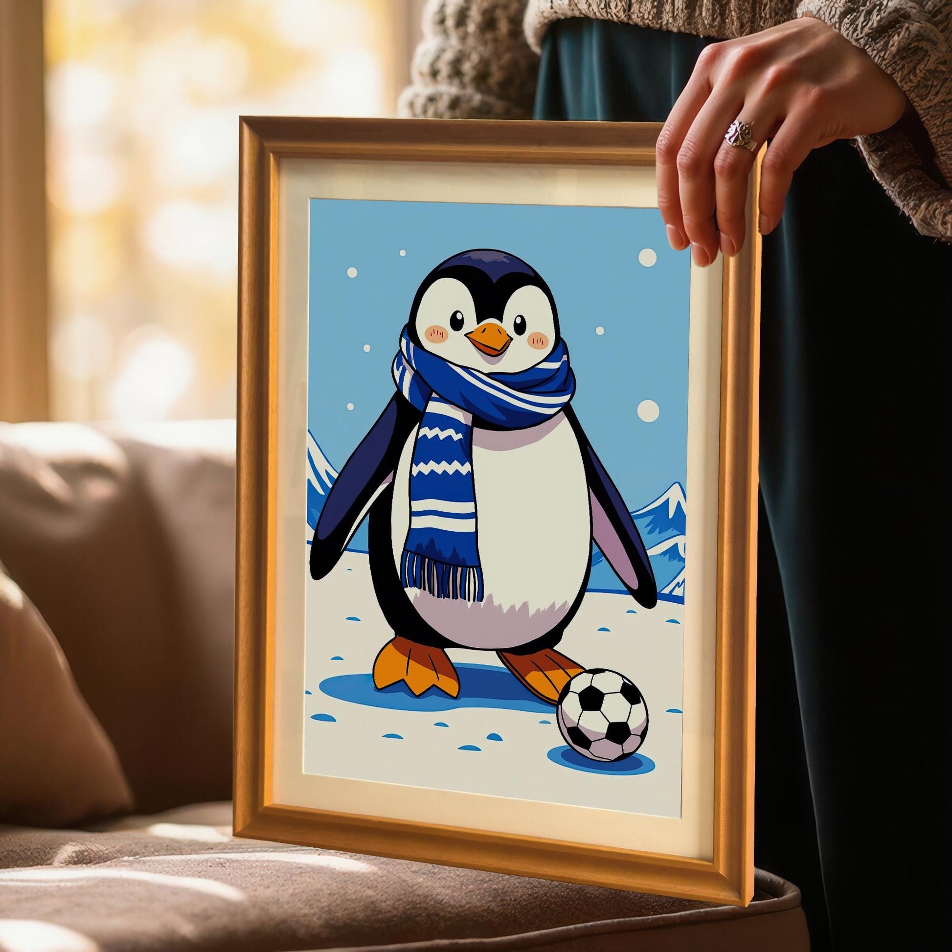 A person wearing a gray knit sweater holds an orange-framed print of a cartoon penguin playing soccer in a snowy landscape.