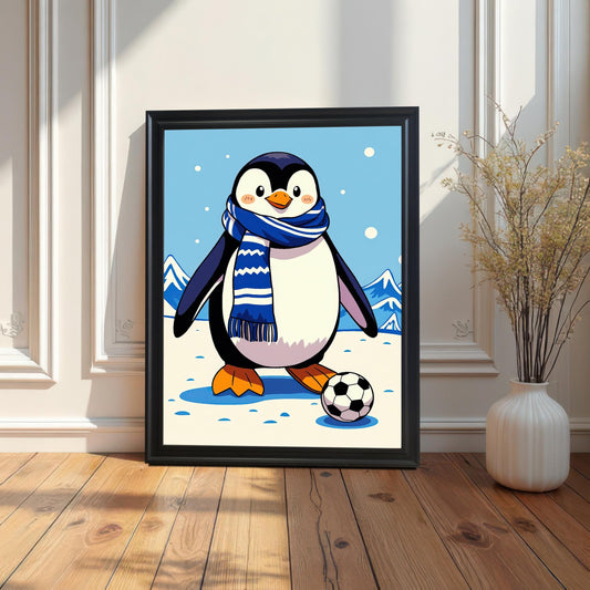 A black-framed print of a penguin playing soccer in a snowy landscape leaning on the floor against a white paneled door. A dried floral arrangement in a vase sits to the right.