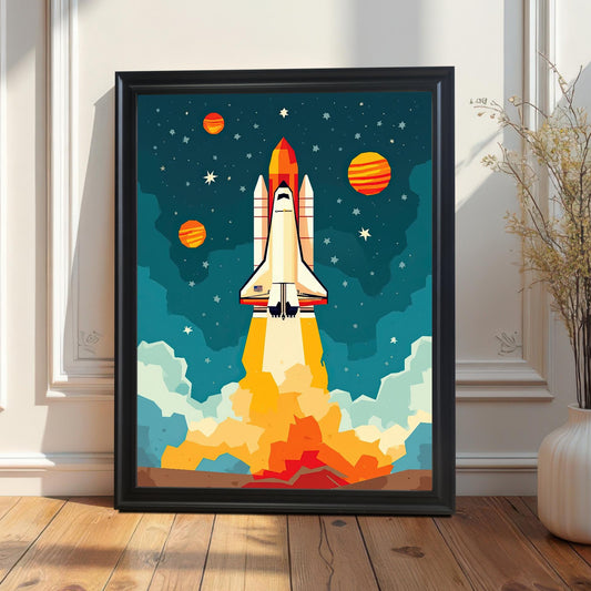 A black-framed print of a rocket ship launching is propped against a white wall next to a vase with dried flowers.