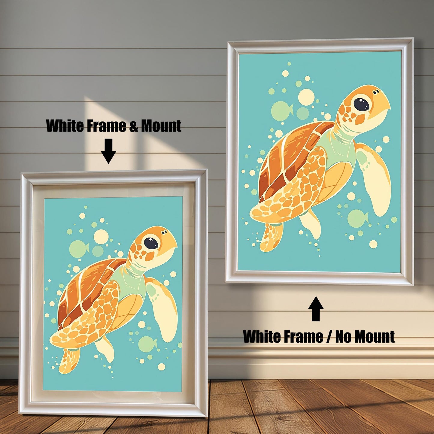 Two framed sea turtle prints. The one on the left has a white frame with a white mount, and the one on the right has a white frame without a mount.
