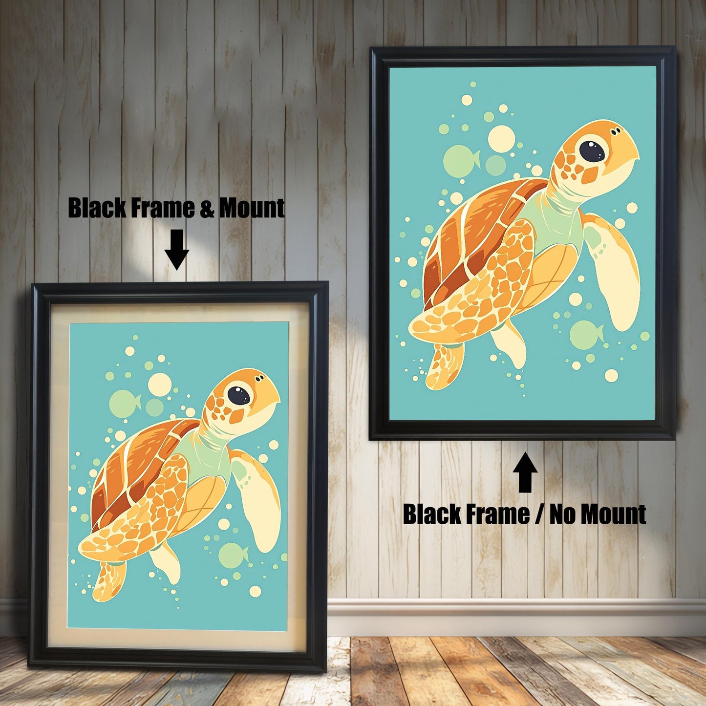Two framed sea turtle prints. The one on the left has a black frame with a white mount, and the one on the right has a black frame without a mount.