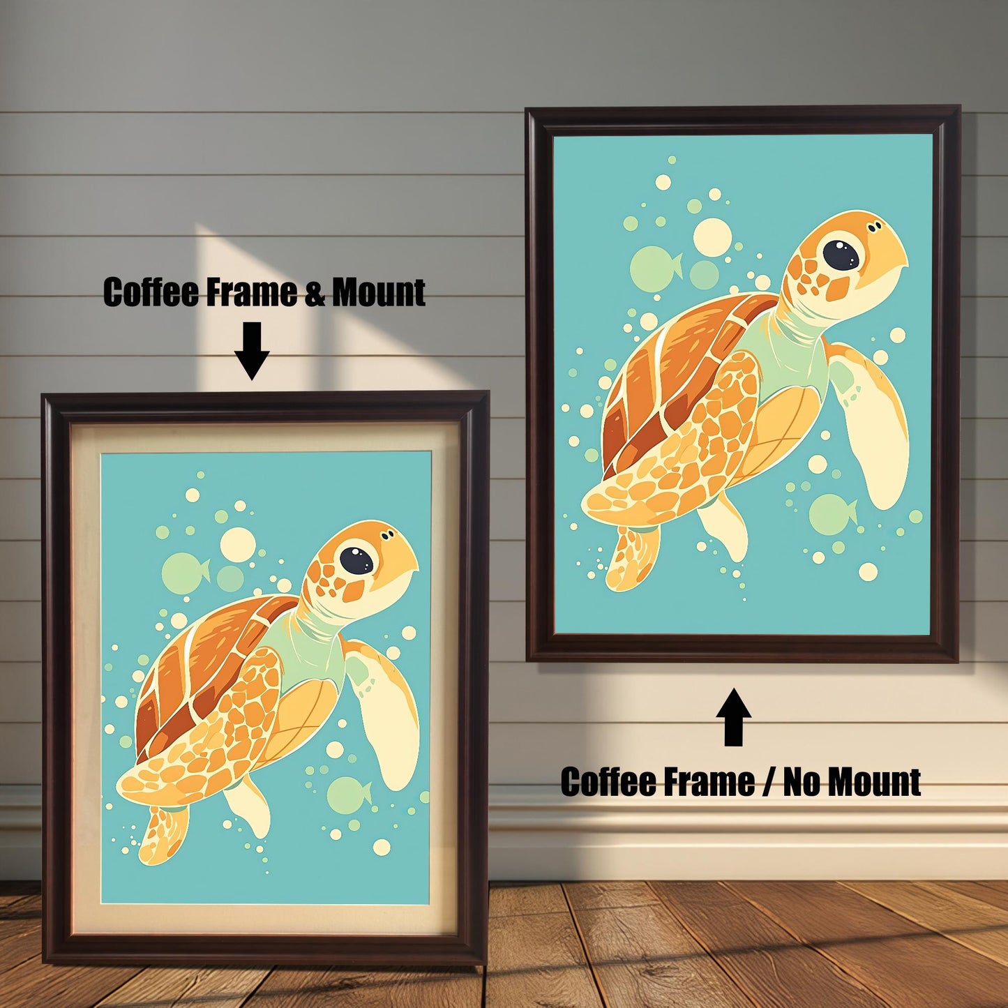 Two framed sea turtle prints. The one on the left has a coffee-colored frame with a white mount, and the one on the right has a coffee-colored frame without a mount.