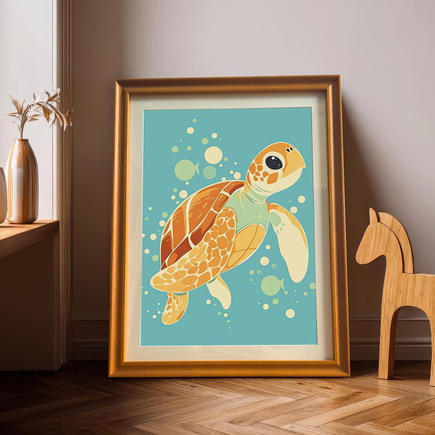 An orange-framed print of a sea turtle is propped against a wall. A wooden rocking horse and a vase are next to it.