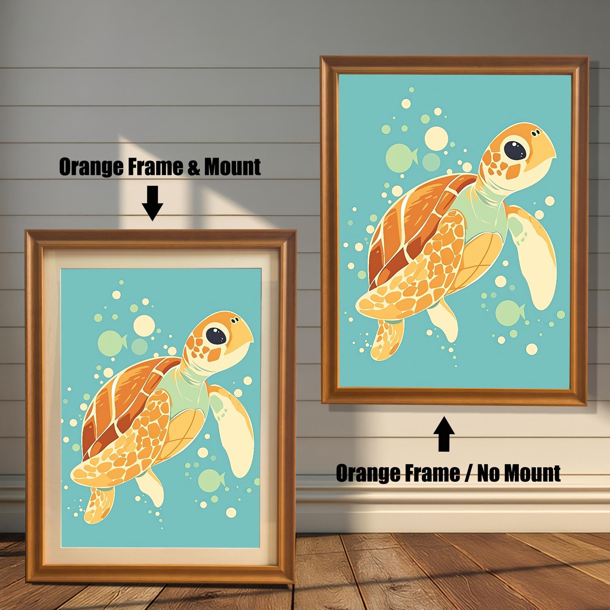 Two framed sea turtle prints. The one on the left has an orange frame with a white mount, and the one on the right has an orange frame without a mount.
