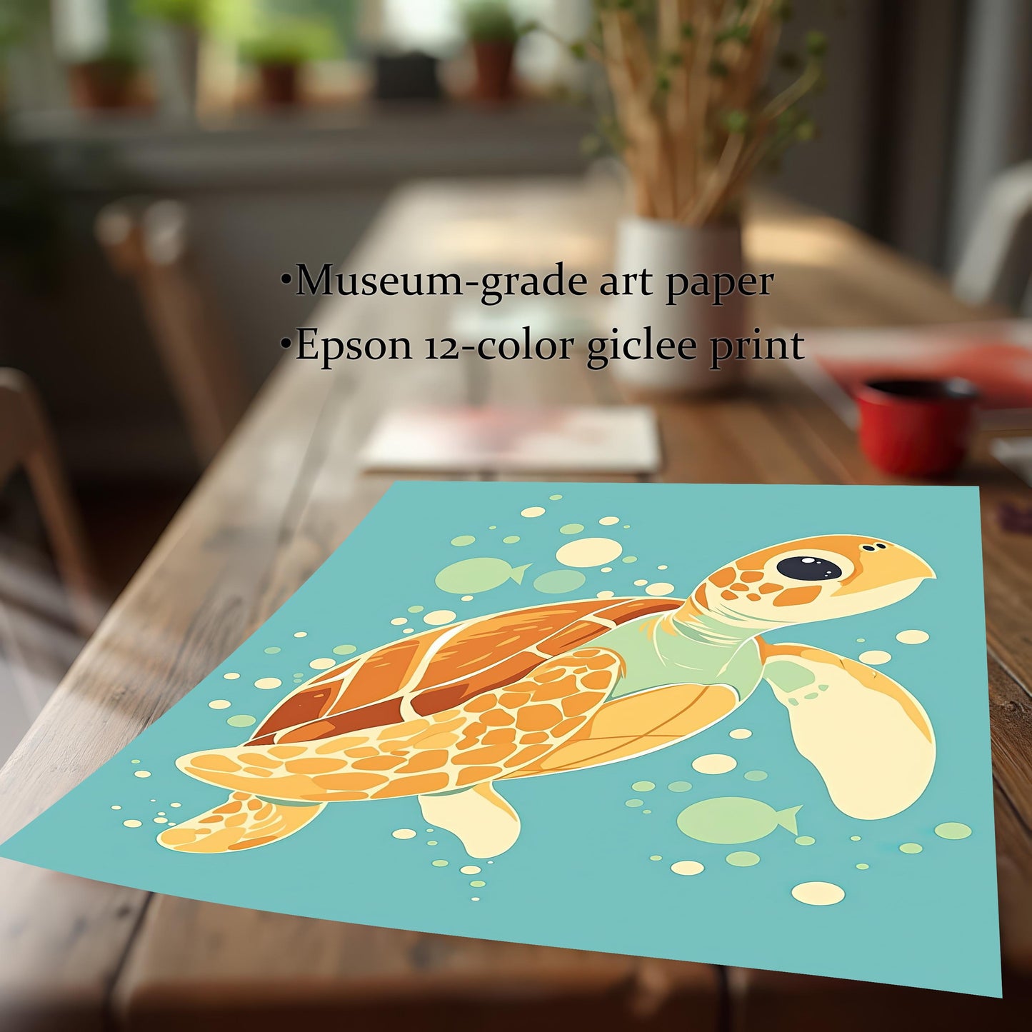 A print of a sea turtle is on a wooden table. The text lists "Museum-grade art paper" and "Epson 12-color giclee print."