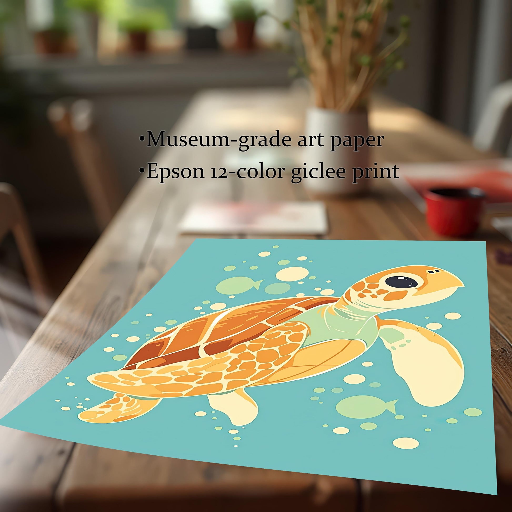 A print of a sea turtle is on a wooden table. The text lists "Museum-grade art paper" and "Epson 12-color giclee print."