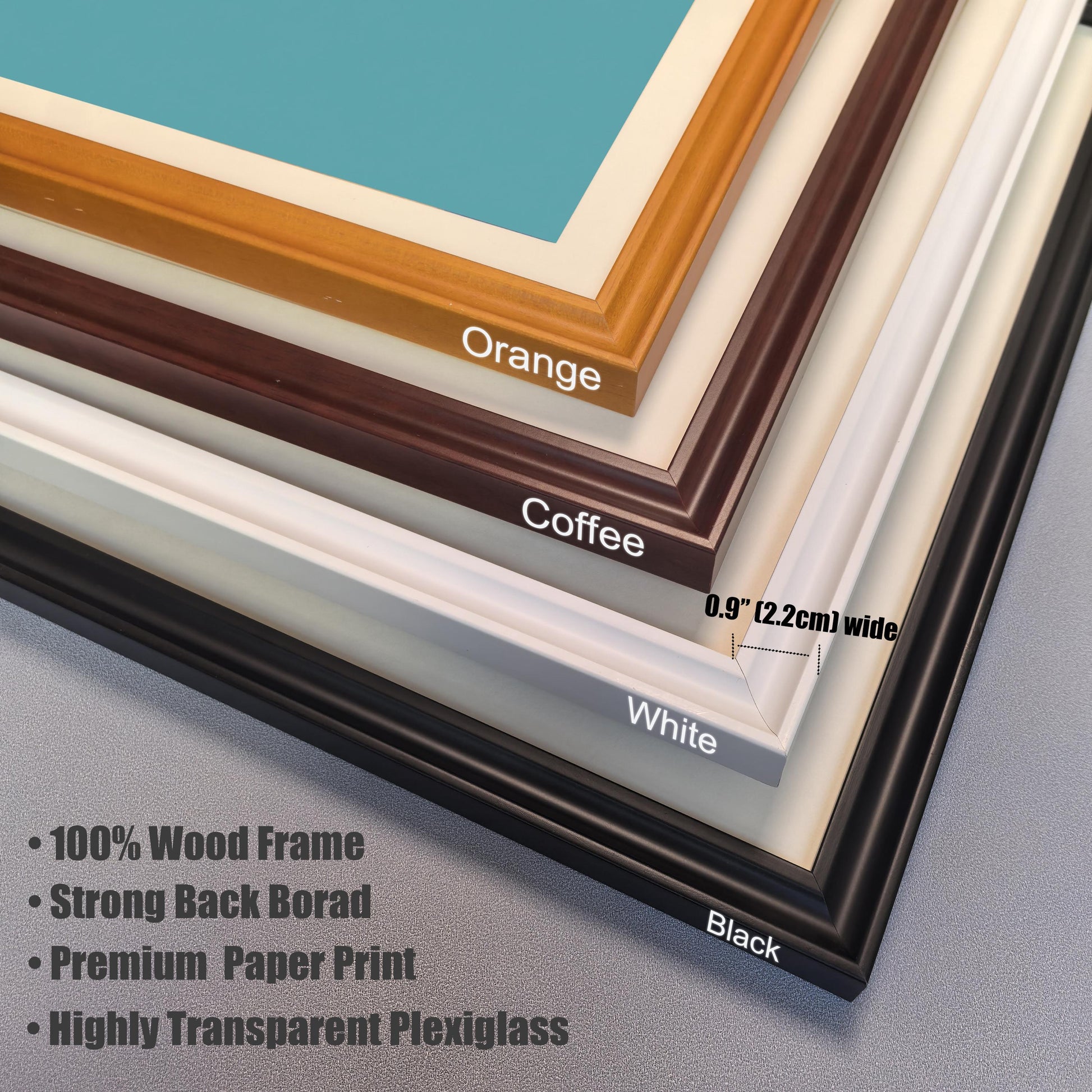 A close-up of four different wood frame colors: orange, coffee, white, and black. A ruler indicates the frame width is 0.9 inches.
