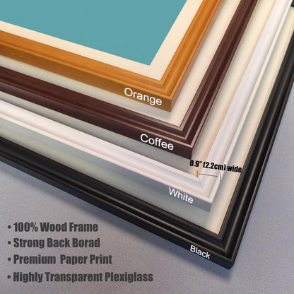 A close-up of four different wood frame colors: orange, coffee, white, and black. A ruler indicates the frame width is 0.9 inches.