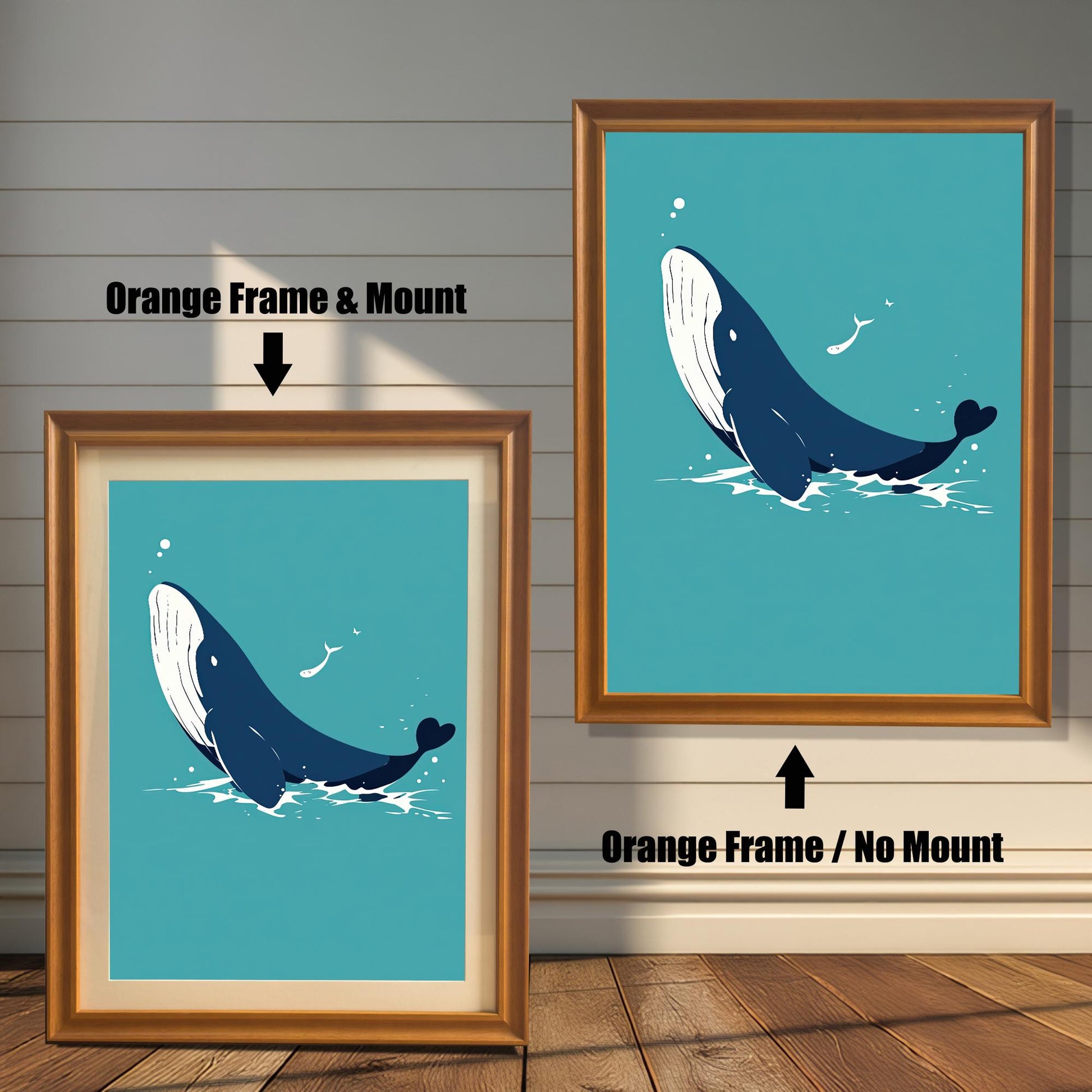Two framed whale prints. The one on the left has an orange frame with a white mount, and the one on the right has an orange frame without a mount.