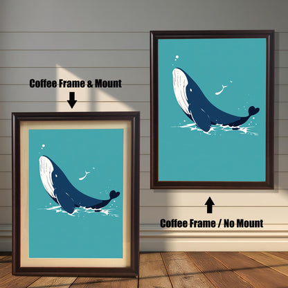 Two framed whale prints. The one on the left has a coffee-colored frame with a white mount, and the one on the right has a coffee-colored frame without a mount.