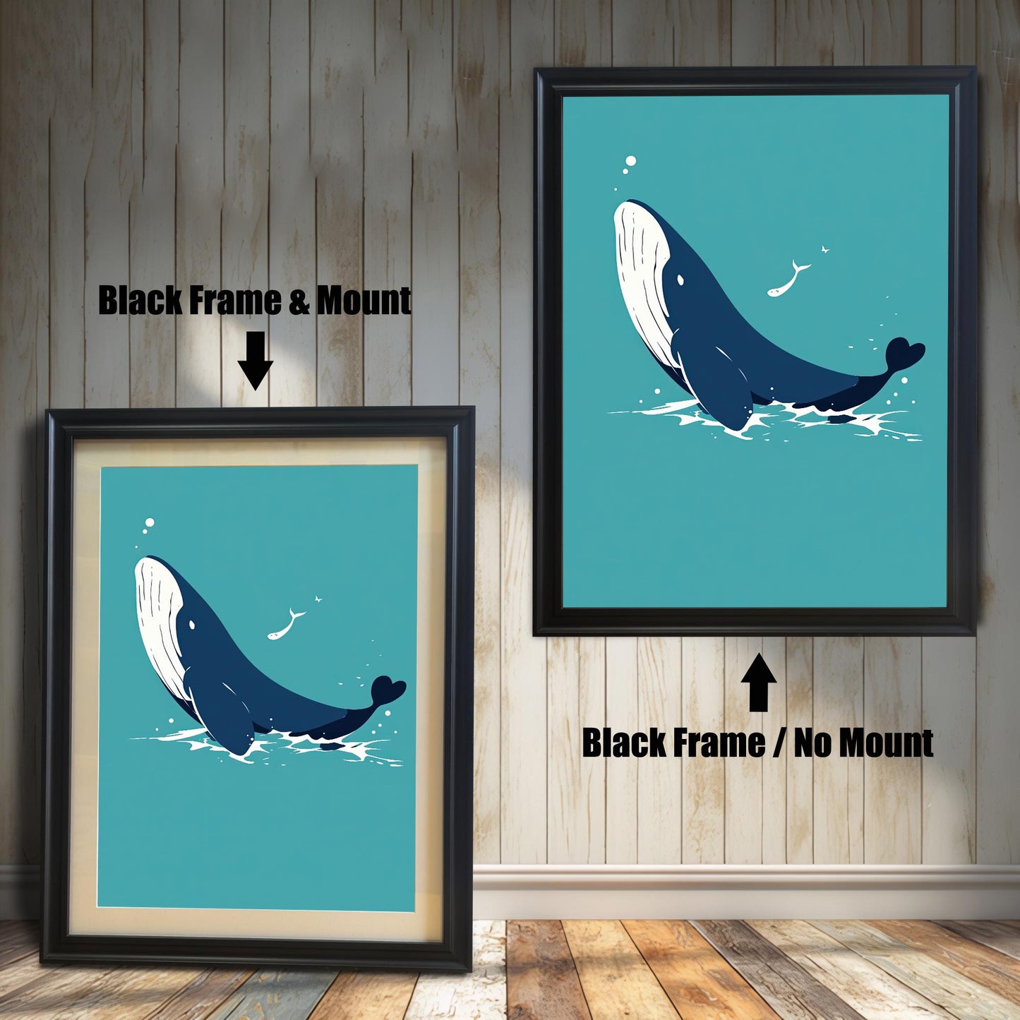 Two framed whale prints. The one on the left has a black frame with a white mount, and the one on the right has a black frame without a mount.