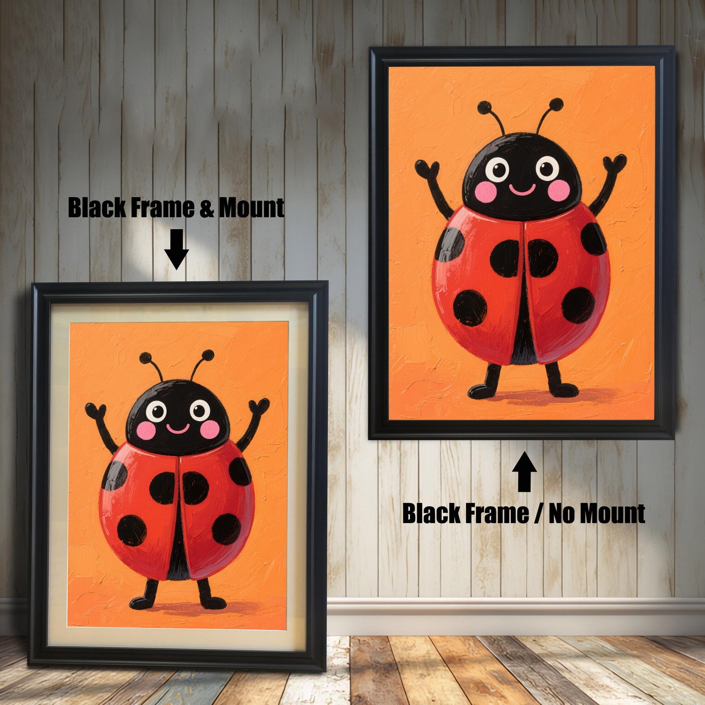 A comparison of two black-framed wall art prints featuring a cute ladybug. The print on the left is framed with a white mat, while the one on the right is framed without a mat. The image is shown on a light wood wall.