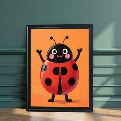 A black-framed wall art print of a cute, cartoon-style ladybug with a textured orange background. The art print is leaning against a dark green wall with wainscoting on a wooden floor, with sunlight casting a shadow.