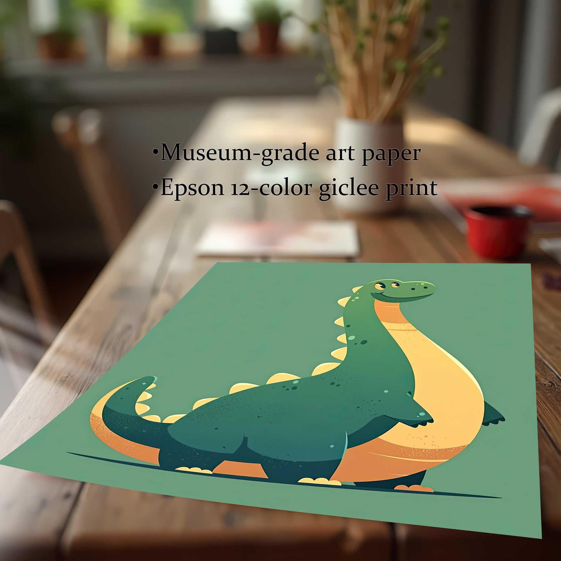 Close-up of an unframed wall art print featuring a cute green and yellow brontosaurus dinosaur on a wooden table. Details include museum-grade art paper and Epson 12-color giclee printing.