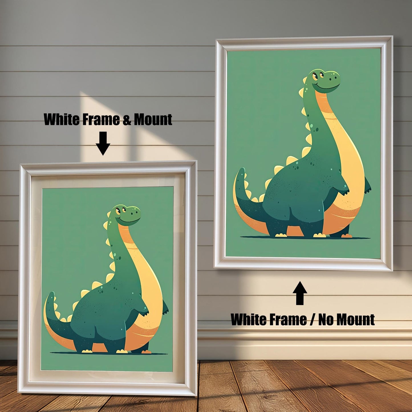 Two white-framed wall art prints featuring a cute green and yellow brontosaurus dinosaur. The print on the left includes a white mount (matting), while the print on the right does not.