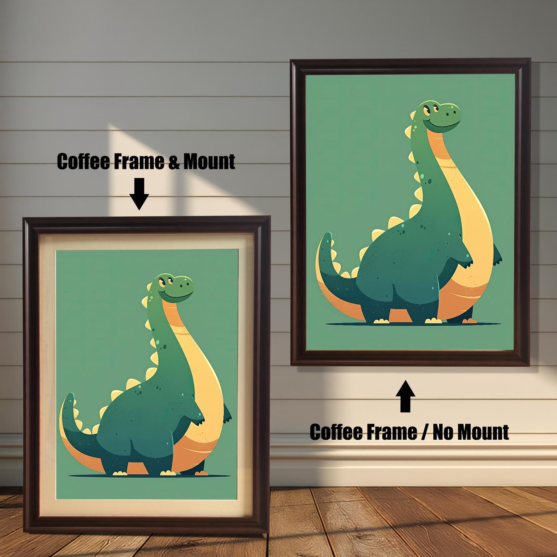 Two coffee-colored wood framed wall art prints featuring a cute green and yellow brontosaurus dinosaur. The print on the left includes a beige mount (matting), while the print on the right does not.