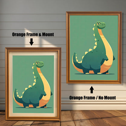 Two orange-colored wood framed wall art prints featuring a cute green and yellow brontosaurus dinosaur. The print on the left includes a white mount (matting), while the print on the right does not.