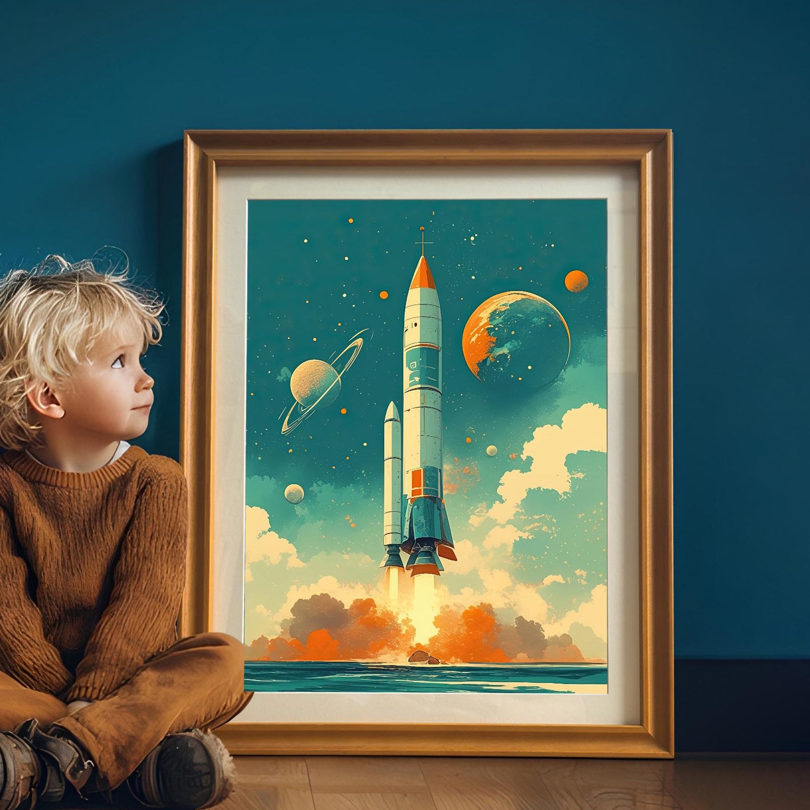 A young boy with blond hair sitting on a wooden floor, looking up at a large framed art print leaning against a dark blue wall. The gold-framed print features a retro rocket launching into space.