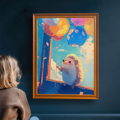 A young child sitting on a wooden floor, looking up at a gold-framed art print hanging on a dark blue wall. The print features a cute hedgehog holding onto a bunch of colorful balloons.