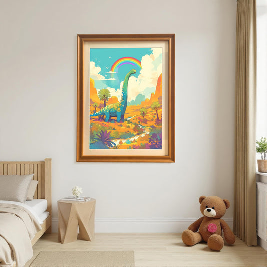 Orange wood framed wall art print featuring a long-necked dinosaur under a rainbow. The colorful print is displayed on a bedroom wall above a wooden bed, with a teddy bear on the floor nearby.