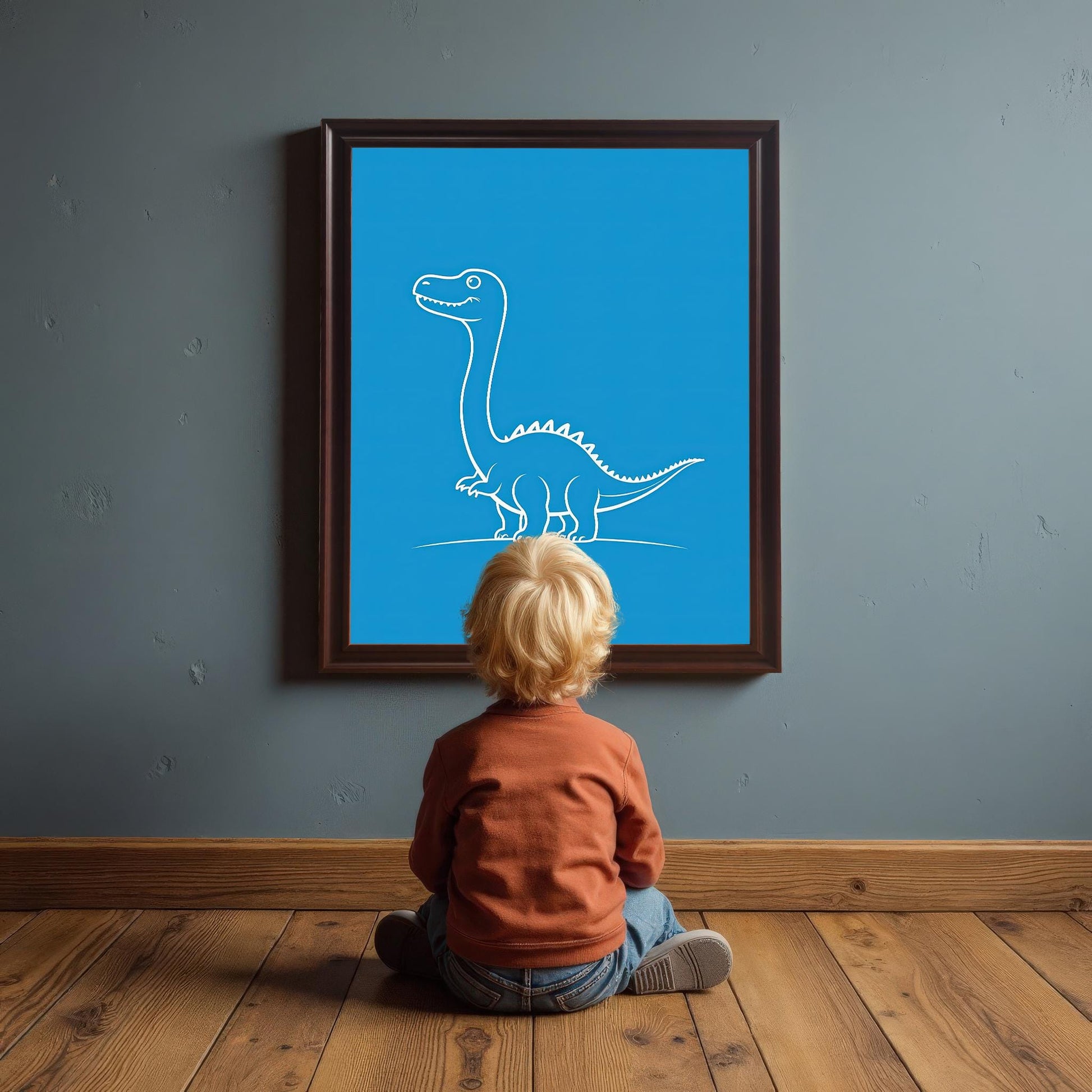 Minimalist Dinosaur Line Wood Framed Wall Art Print | Brontosaurus Illustration Poster