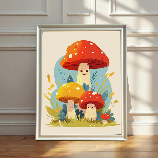 A framed print of happy mushrooms leans against a white wainscot wall on a light wooden floor, with sunlight casting shadows.