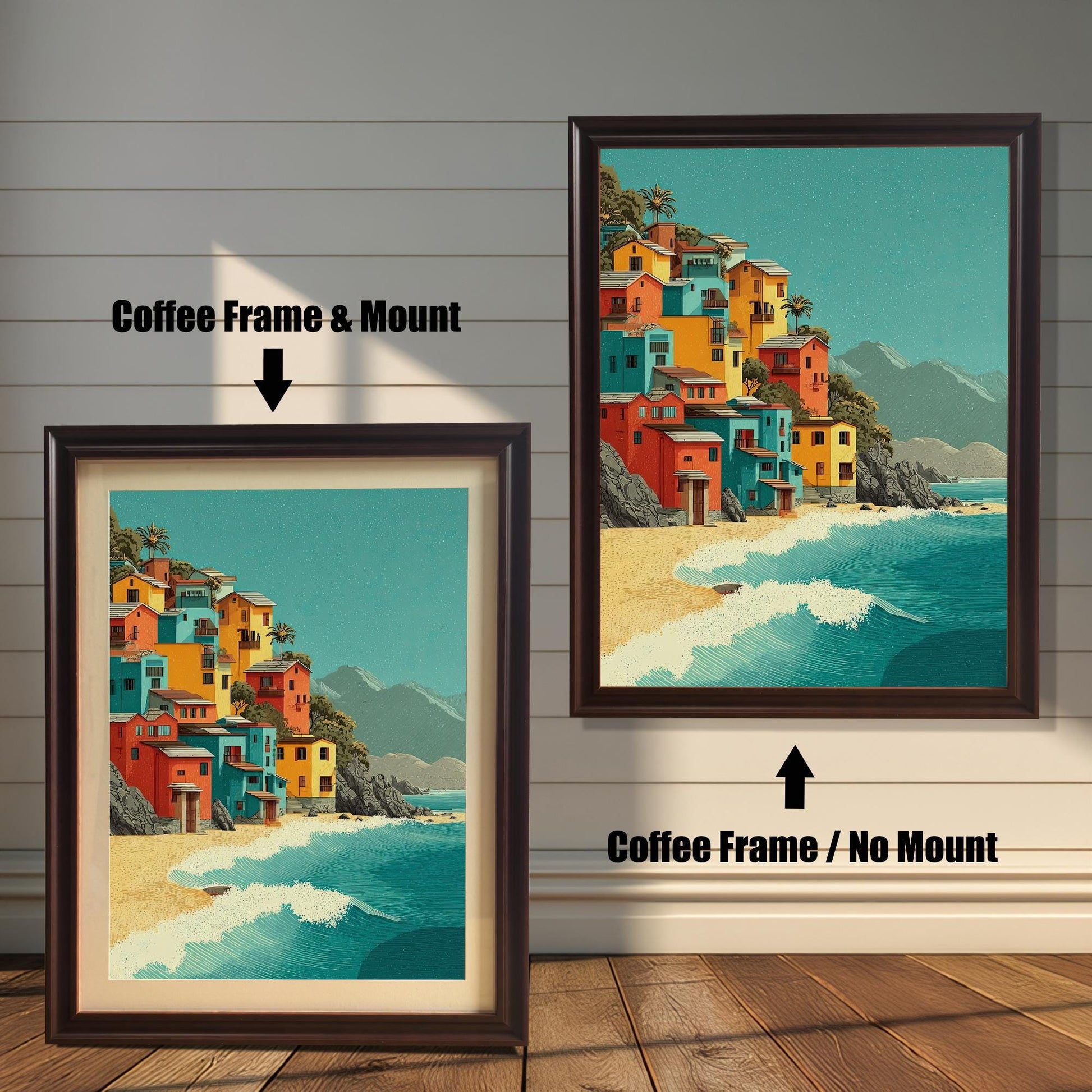 Two framed art prints are shown. The one on the left has a coffee-colored frame with a mount, and the one on the right has a coffee-colored frame with no mount. The print itself shows colorful houses on a beach.