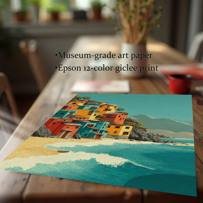 An unframed art print lies on a wooden table. The print shows colorful houses on a beach. Text next to it lists its features: "Museum-grade art paper" and "Epson 12-color giclee print."