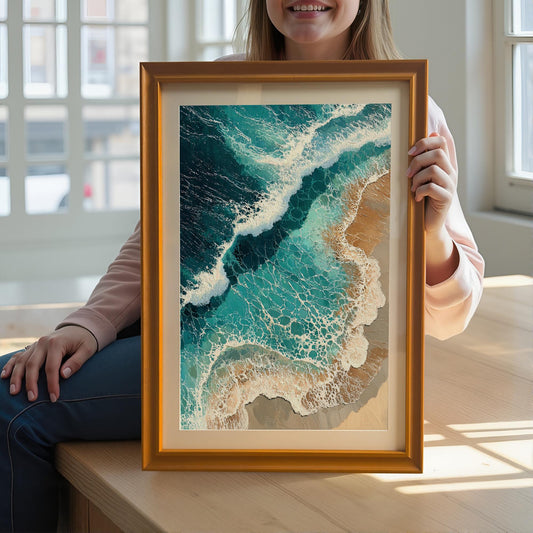 A person holds a framed art print. The print shows an aerial view of waves crashing on a sandy beach.