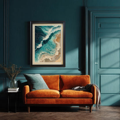 A framed art print hangs on a dark teal wall above an orange couch. The print shows a vertical view of waves on a beach.