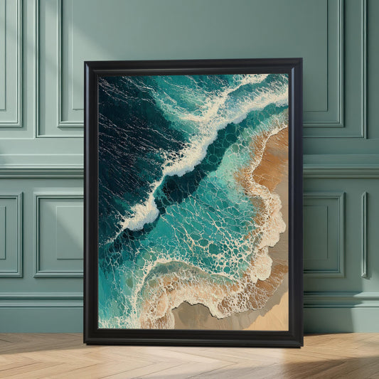 A large framed art print leans against a green paneled wall. The print shows an aerial view of waves crashing on a beach.