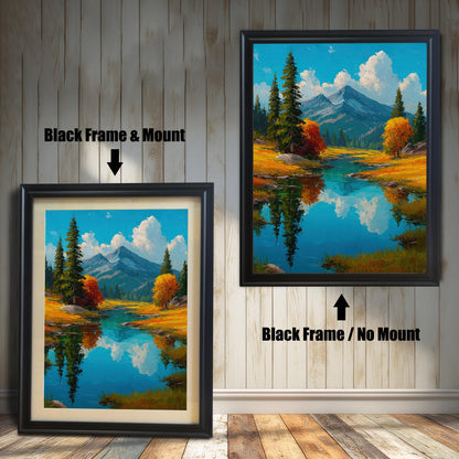 Two framed art prints are shown against a wall with wainscoting. The one on the left has a black frame with a mount, and the one on the right has a black frame with no mount. The print itself shows a tranquil landscape with a lake and mountains.