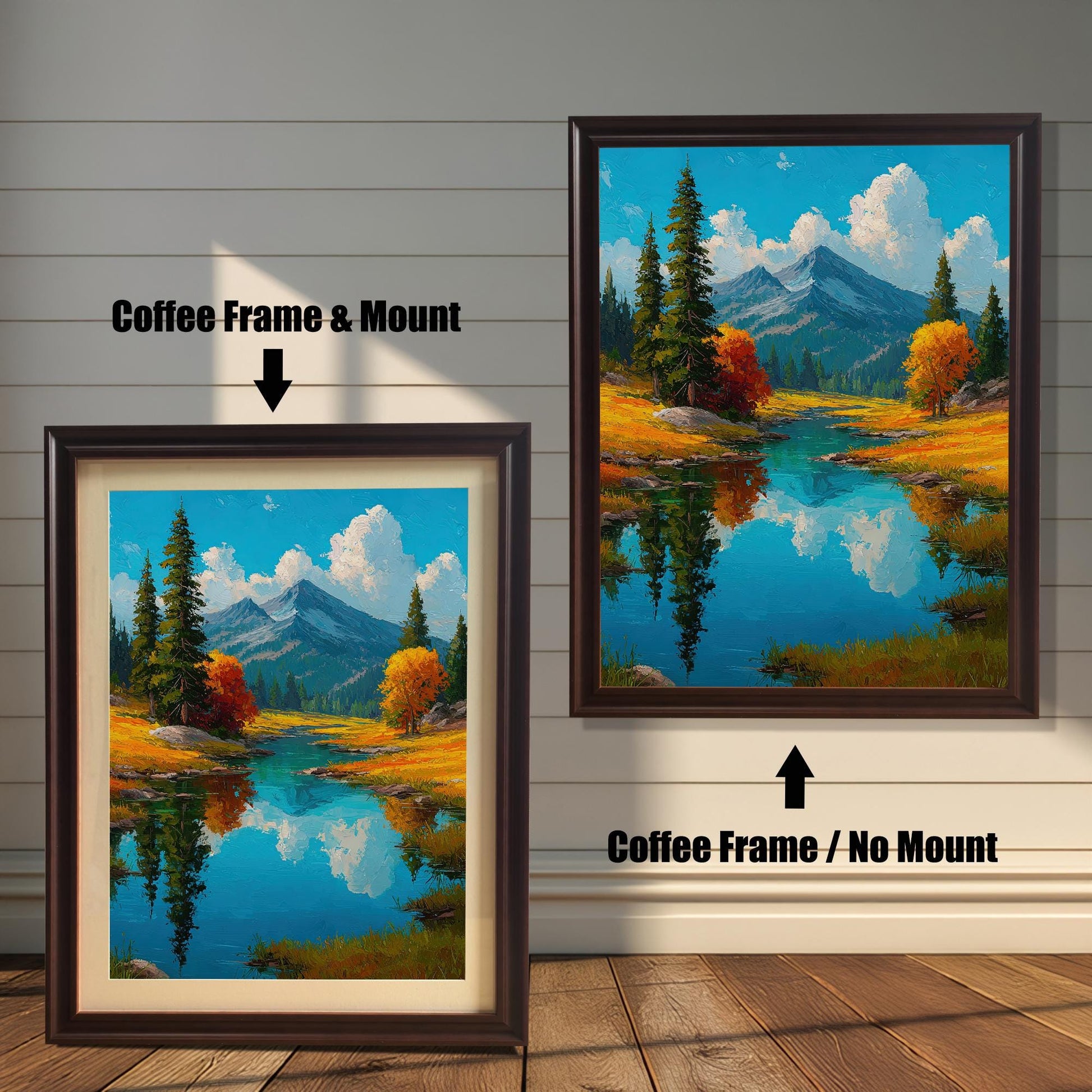 Two framed art prints are shown against a wall with wainscoting. The one on the left has a coffee-colored frame with a mount, and the one on the right has a coffee-colored frame with no mount. The print itself shows a tranquil landscape with a lake and mountains.
