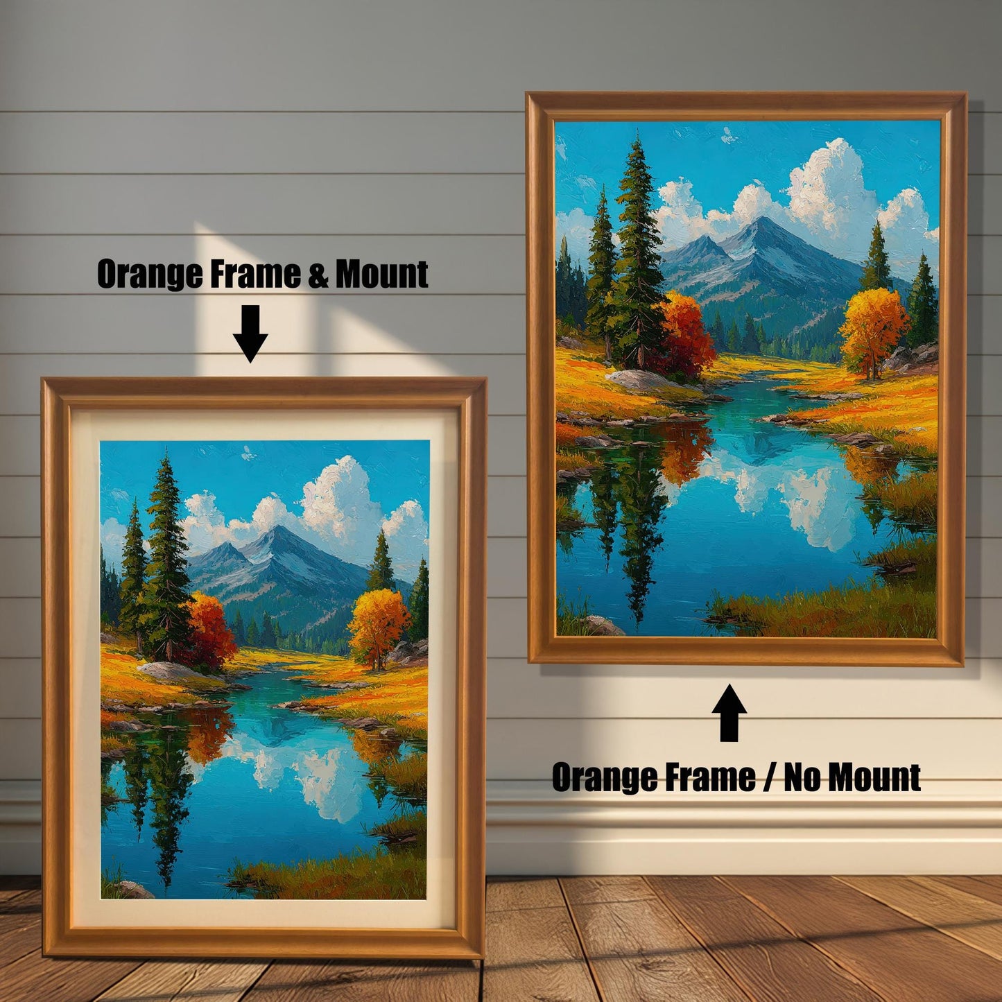 Two framed art prints are shown against a wall with wainscoting. The one on the left has an orange-colored frame with a mount, and the one on the right has an orange-colored frame with no mount. The print itself shows a tranquil landscape with a lake and mountains.