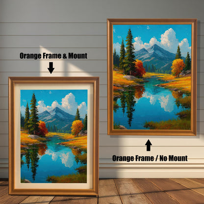 Two framed art prints are shown against a wall with wainscoting. The one on the left has an orange-colored frame with a mount, and the one on the right has an orange-colored frame with no mount. The print itself shows a tranquil landscape with a lake and mountains.