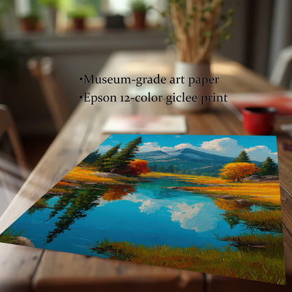 An unframed art print lies on a wooden table. The print shows a tranquil landscape with a lake and mountains. Text next to it lists its features: "Museum-grade art paper" and "Epson 12-color giclee print."
