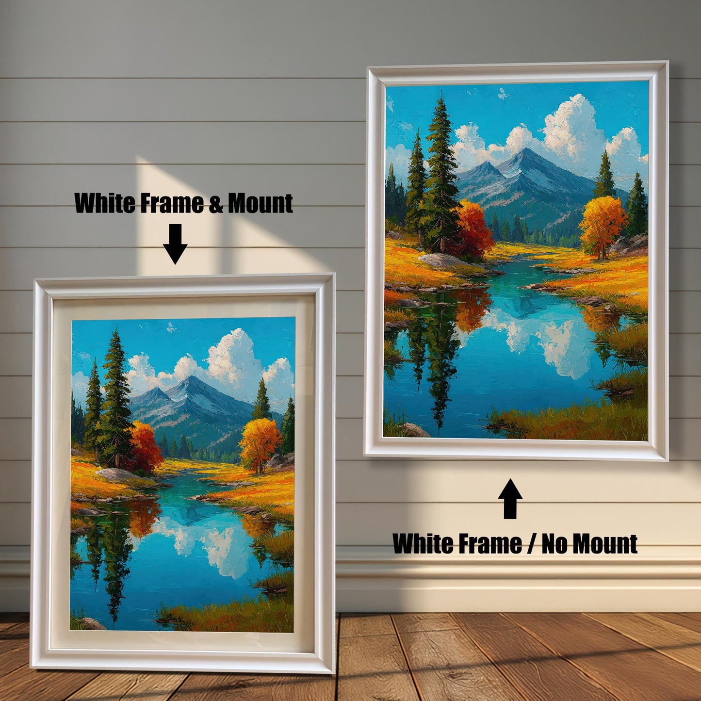 Two framed art prints are shown against a wall with wainscoting. The one on the left has a white frame with a mount, and the one on the right has a white frame with no mount. The print itself shows a tranquil landscape with a lake and mountains.