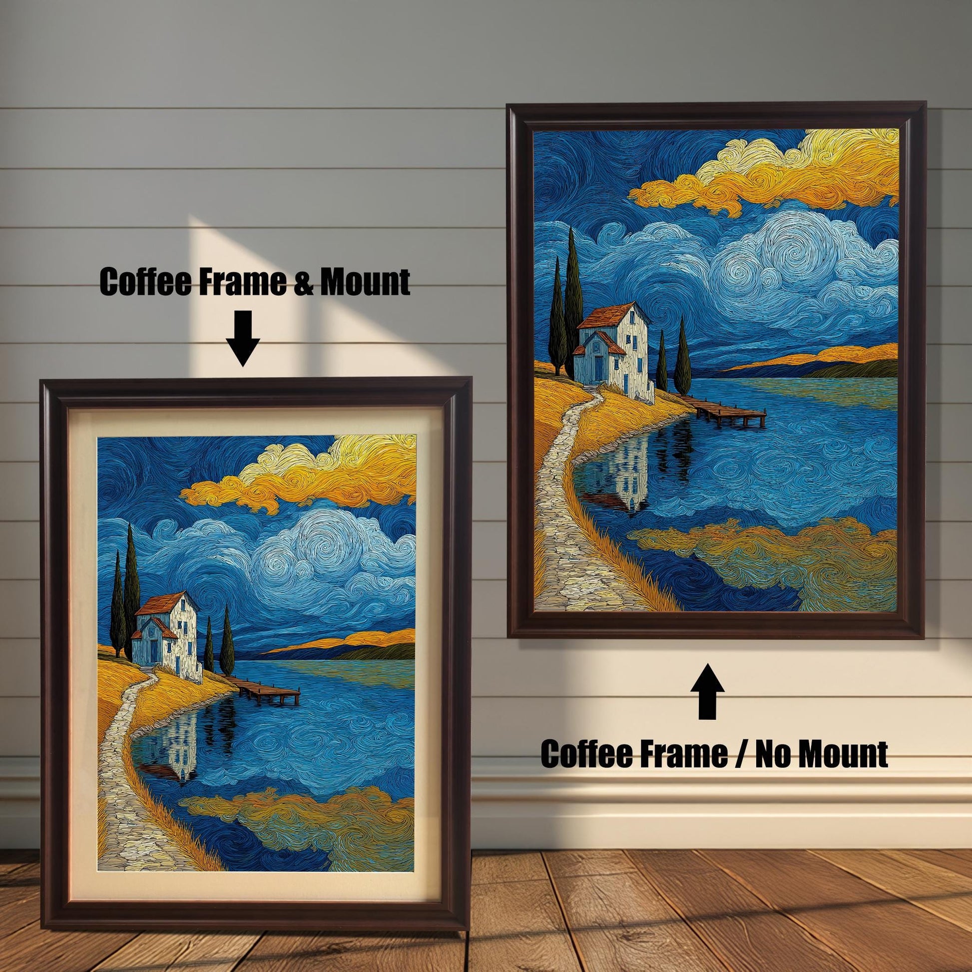 Two framed art prints are shown against a wall with wainscoting. The one on the left has a coffee-colored frame with a mount, and the one on the right has a coffee-colored frame with no mount. The print itself shows a landscape with a house by a lake under a starry sky.
