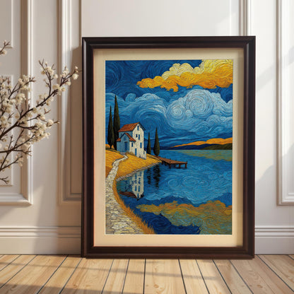 A framed art print with a coffee-colored frame leans against a white wall with wainscoting. The print shows a landscape with a house by a lake under a starry sky. A vase with white flowers sits to the left.