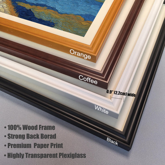 A close-up view of four stacked frame corners. The frames are labeled in order from top to bottom: Orange, Coffee, White, and Black. Text describes frame features, including material, backboard, print type, and plexiglass.