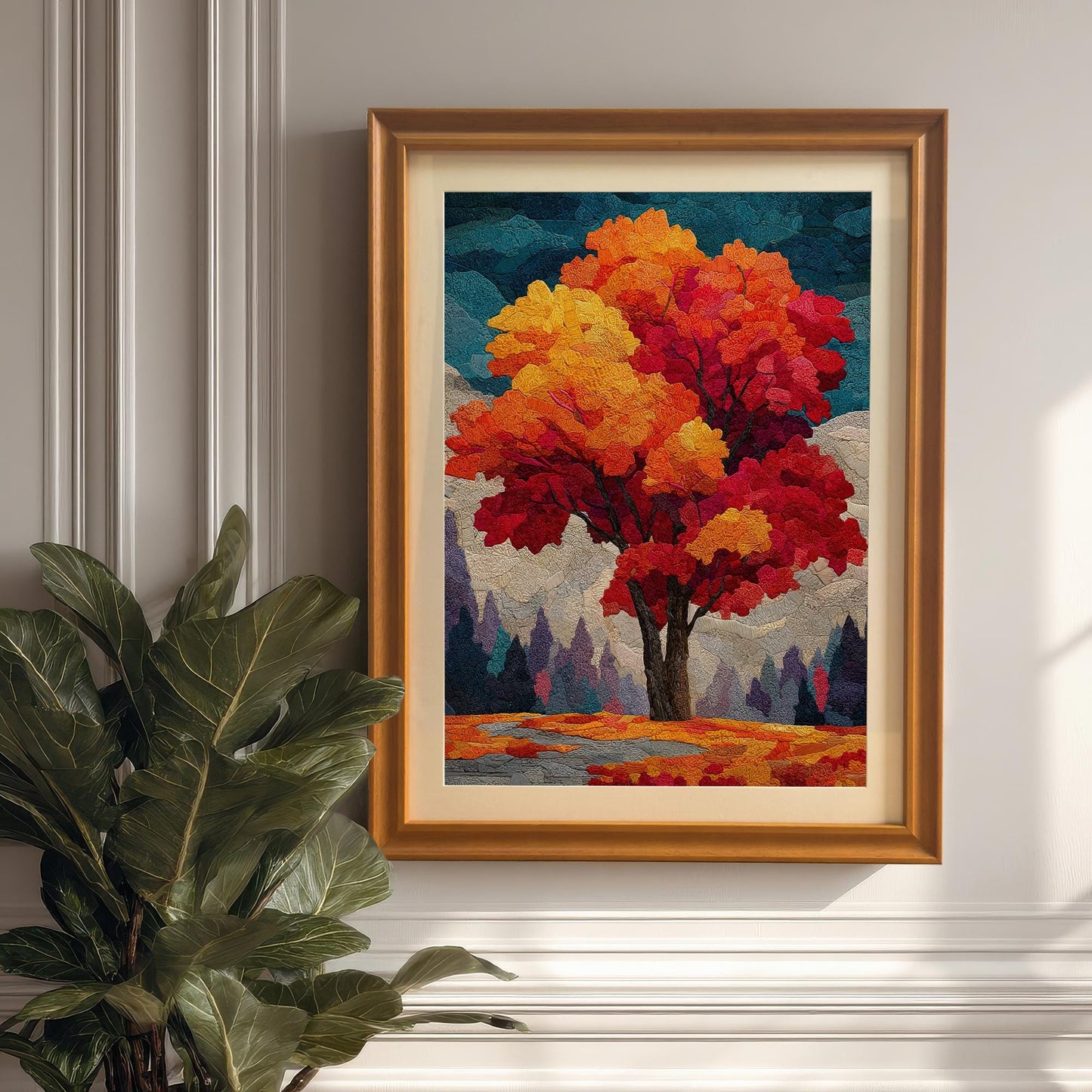 A framed, abstract painting of an autumn tree hangs on a white wall with wainscoting. The wall is illuminated by a warm beam of sunlight, highlighting the orange frame and vibrant colors of the artwork.