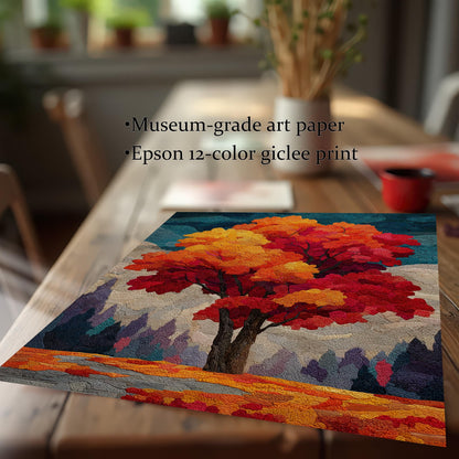 A vibrant, abstract painting of an autumn tree with red and orange leaves sits on a rustic wooden table. The image highlights the high-quality print, noting it is a "Museum-grade art paper" and "Epson 12-color giclee print."