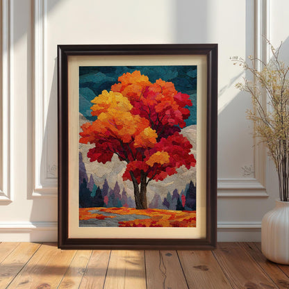 A framed, abstract painting of an autumn tree with a black frame and white mount sits on a wooden floor, leaning against a white wall. Next to it is a white vase with dried flowers.