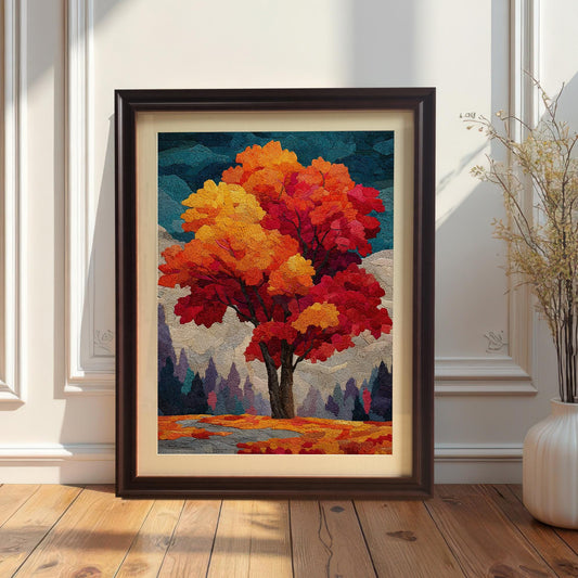 A framed, abstract painting of an autumn tree with a black frame and white mount sits on a wooden floor, leaning against a white wall. Next to it is a white vase with dried flowers.