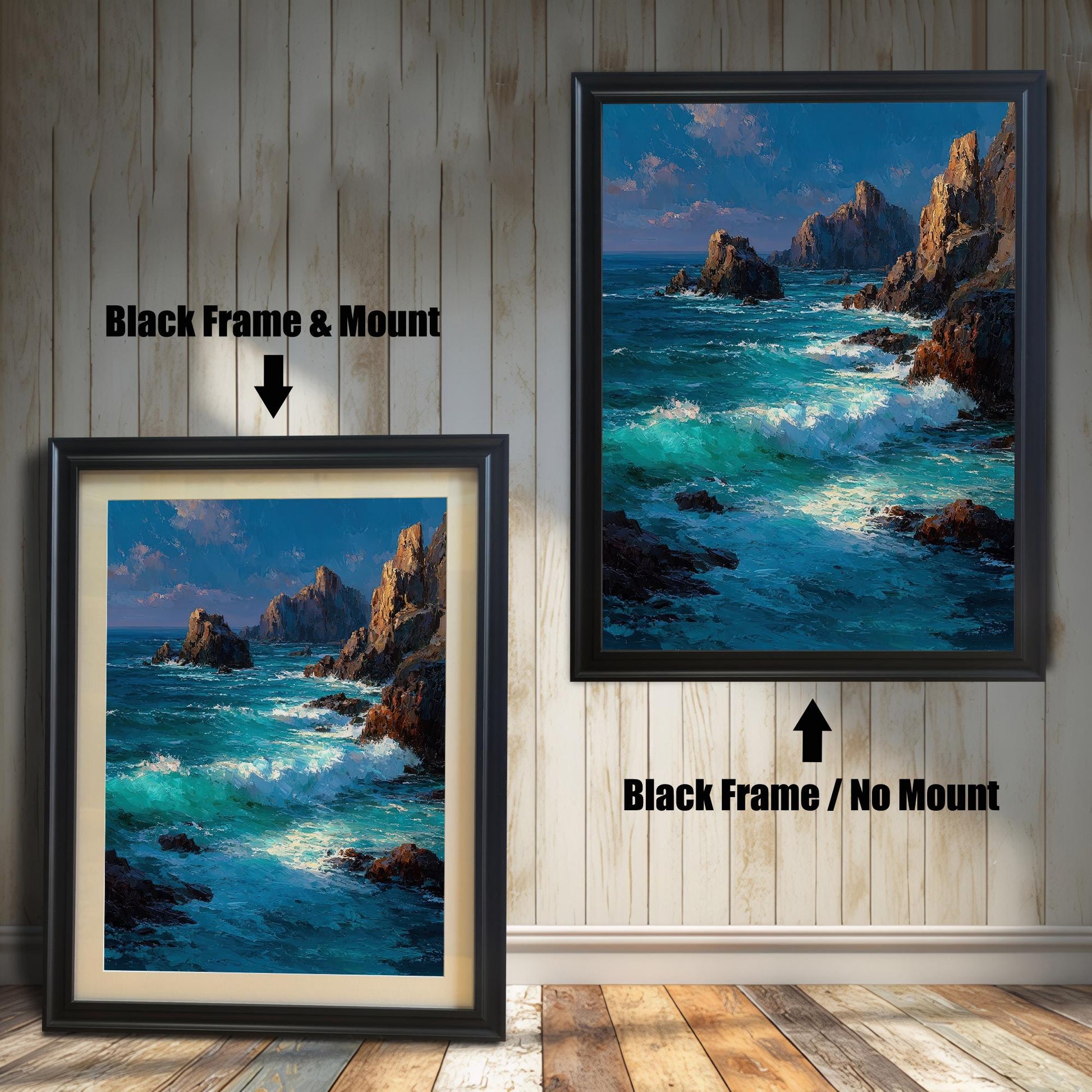 A black-framed art print of a seascape is shown in two styles: with a white mount (mat) on the left and without a mount on the right.