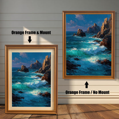 An orange-framed art print of a painting of the sea is displayed in two styles: with a mount (mat) on the left and without a mount on the right.