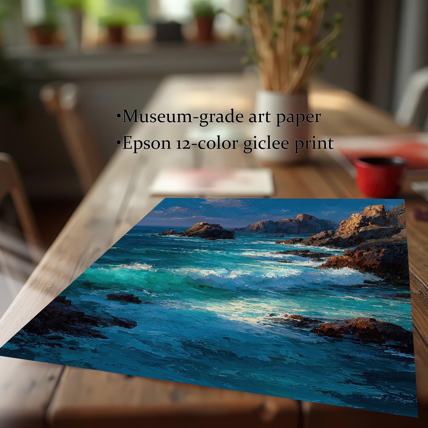 A close-up, angled view of a single print of the seascape painting on a wooden table, highlighting its museum-grade quality and giclée printing.