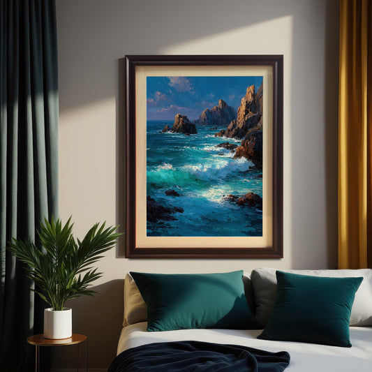 A framed painting of an ocean scene with crashing waves and rocky cliffs hangs on a wall above a bed with teal pillows and a dark blue blanket. A potted plant is on a small table to the left. The painting has a brown frame and a light-colored mount.