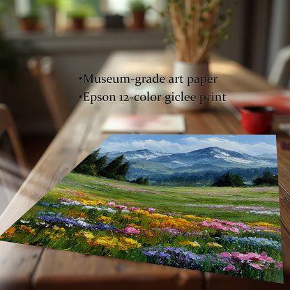 A close-up, angled view of a single art print of a mountain landscape on a wooden table, highlighting its museum-grade paper and giclée printing.