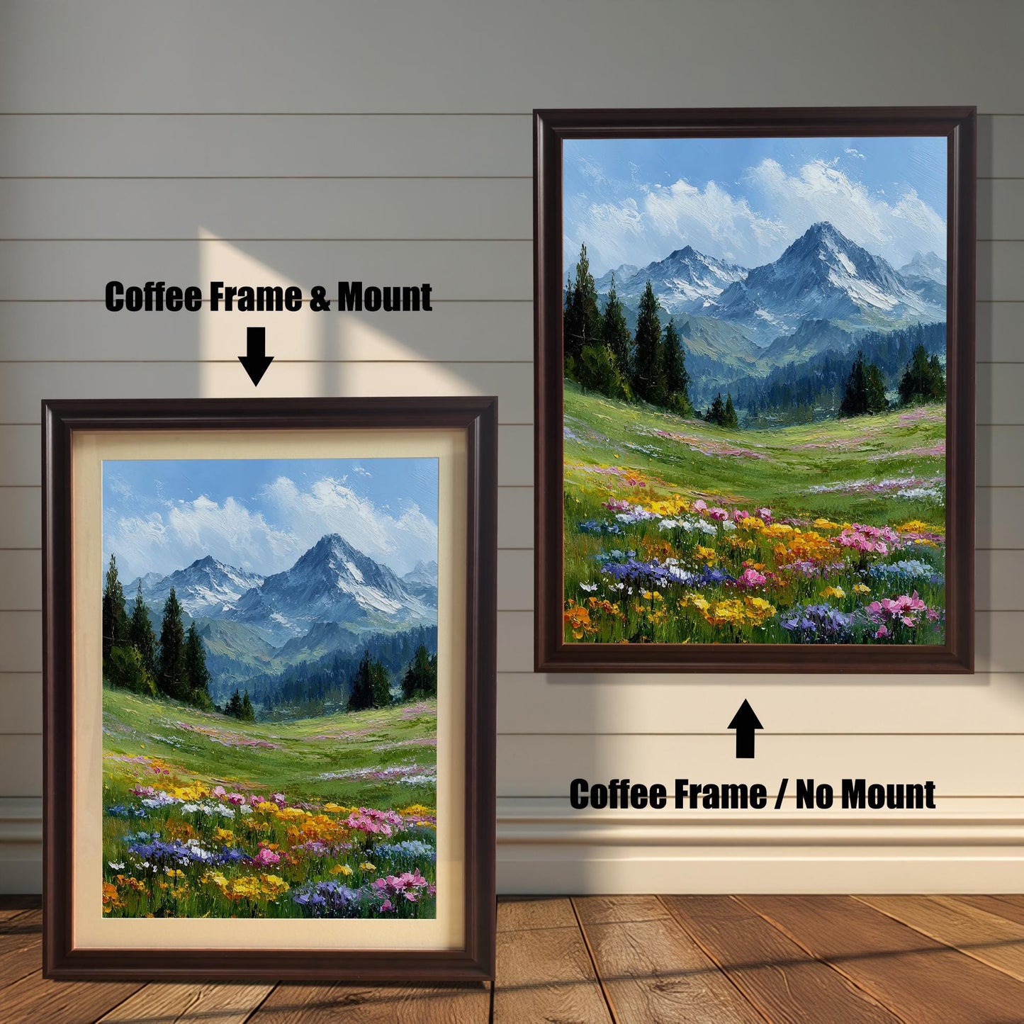 A coffee-colored framed art print of a mountain landscape is shown in two styles: with a mount (mat) on the left and without a mount on the right.